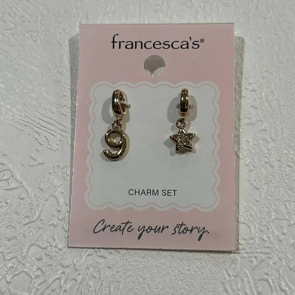 Francesca’s Gold Charm Set Star & Number 9 Hoop Charms Dainty Luxe Jewelry